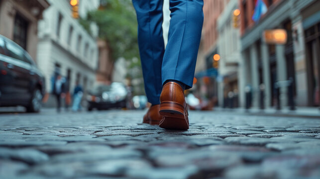 A Strong man Wearing a blue suit and Shoes in the Street, man walking on the street High detailed,high resolution,realistic and high quality photo professional photography.