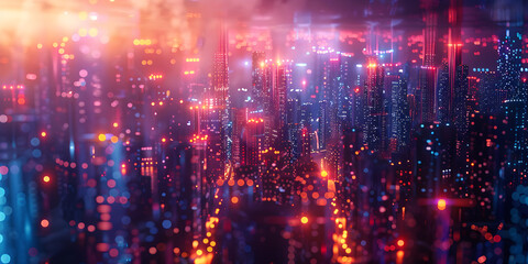   Abstract blurred bokeh neon light trails city night background Futuristic cyberspace city buildings neon lights background wallpaper