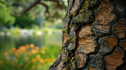 Highlight the textures found in nature, such as the rough bark of a tree, the smooth surface of a lake, or the softness of flower petals