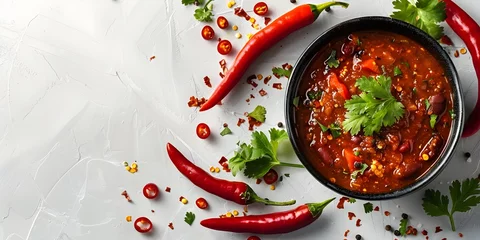 Gordijnen A captivating image of a steaming bowl of chili presented as a fiery culinary hero against a clean © Bussakon