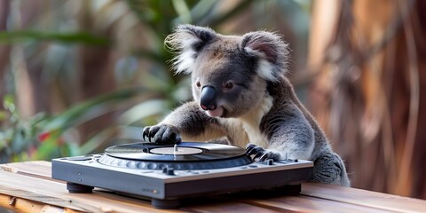 A delightful image of a smiling koala bear dressed operating a turntable and spinning records