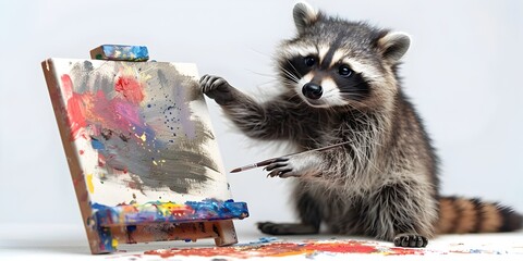 Crafty Raccoon Painting a Vibrant Masterpiece on Canvas with Colorful Splatters in Isolated Studio...