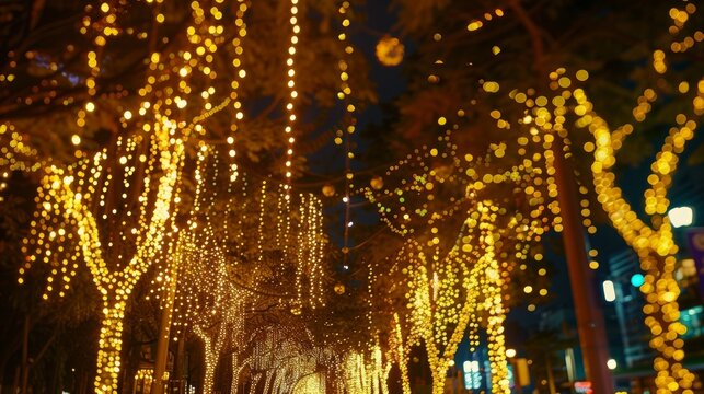 The concept of holidays, illumination, and electricity is represented by golden bright lights