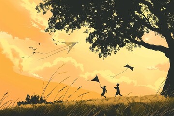 A nostalgic wallpaper design evoking the magic of childhood memories at golden hour, with children flying kites in a sun-drenched field, Generative AI
