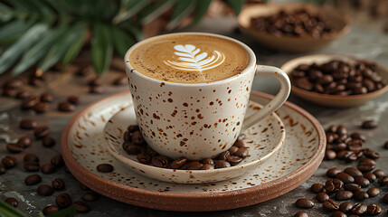 A close-up view of a creamy latte served in a ceramic cup with coffee beans all around.