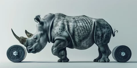  A digitally-rendered depicting an anthropomorphized rhinoceros with an exaggerated muscular © Bussakon