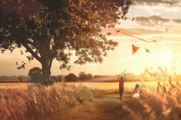 A nostalgic wallpaper design evoking the magic of childhood memories at golden hour, with children flying kites in a sun-drenched field, Generative AI
