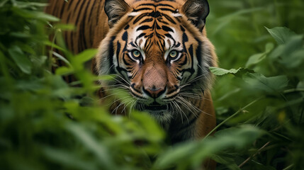 Fototapeta premium Tiger in the zoo and on the rock, a majestic wildcat with striped fur and a fierce face in its natural habitat.