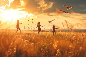 A nostalgic wallpaper design evoking the magic of childhood memories at golden hour, with children flying kites in a sun-drenched field, Generative AI