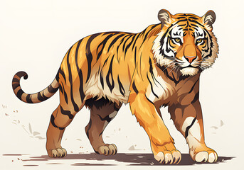 Fototapeta premium Picture Yellow-black pattern tiger watercolor. walking in search of food on brown ground and white background. Realistic animal clipart template pattern. 