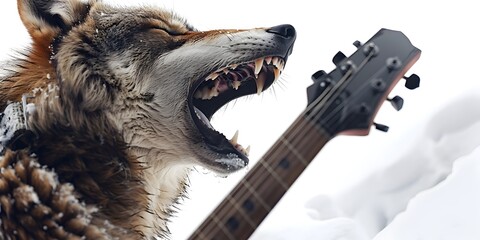 Howling Rock Star Wolf Unleashing Moonlit Melodies on Snowy Backdrop - obrazy, fototapety, plakaty