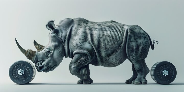 A digitally-rendered depicting an anthropomorphized rhinoceros with an exaggerated muscular