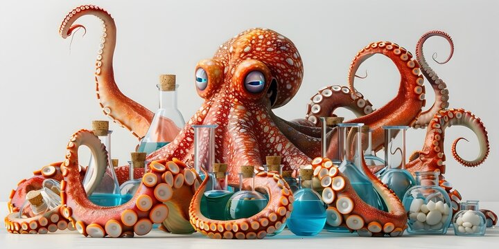 Scientifically-Inclined Octopus Surrounded by Research Equipment and Glassware on White Background