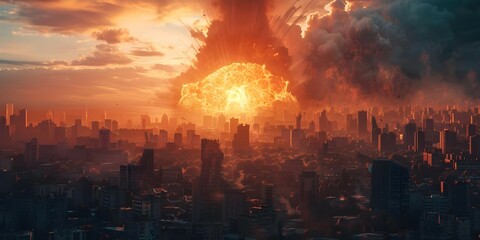 Aftermath of a nuclear blast obliterating a city in a scenario of atomic warfare. Concept Nuclear Devastation, Atomic Warfare, Post-Apocalyptic Ruins - obrazy, fototapety, plakaty