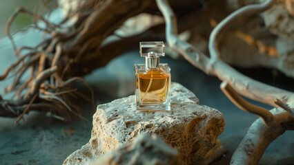 Perfume bottle mockup, fragrance composition with natural decorations, stone, rocks, branchs and roots