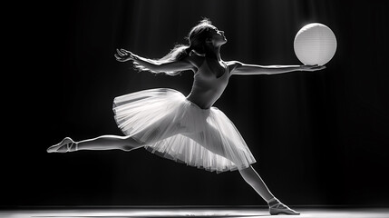 Elegant ballerina performing with a sphere, artistic black and white silhouette, dance and grace concept.