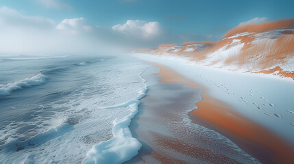 浜辺に雪が積もった冬の海