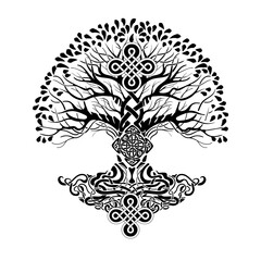 Yggdrasil tree of life Celtic sacred symbol. Celtic astronomy is a magical symbol of rebirth, positive energy and balance in nature. Vector tattoo, logo, print. - 764481311