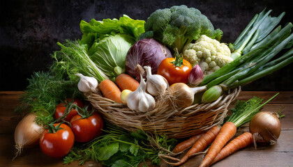 かごいっぱいの野菜。野菜の盛り合わせイメージ。美味しそうな新鮮野菜。A basket full of vegetables. Image of assorted vegetables. Delicious fresh vegetables. - obrazy, fototapety, plakaty