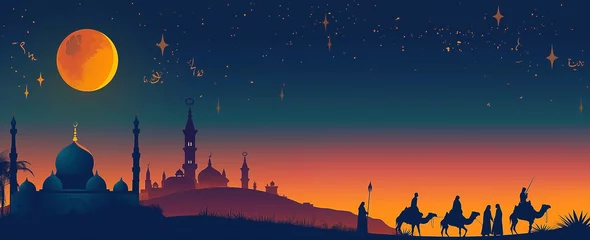 Foto op Plexiglas A mosque silhouette in the background, people on camels under one moon, a night sky with stars © khozainuz