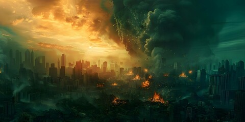 Apocalyptic cityscape with nuclear bomb explosion and destruction dark and eerie. Concept Dark Cityscape, Apocalyptic Scene, Nuclear Explosion, Destruction, Eerie Atmosphere