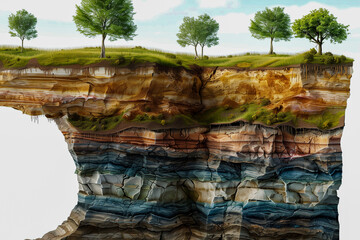 Geological Cross-Section: Diverse Soil Strata and Lush Greenery on an Earth Cliff

