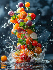 Culinary Delights and Healthy Eating Concept: Fresh Vegetables and Herbs in Mid-Air with Splashing Water
