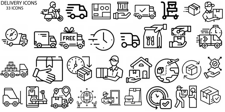 Delivery black icons set. Collection of graphic elements for website. Logistics and transportation, courier with parcel at back. Cartoon flat vector illustrations isolated on white background
