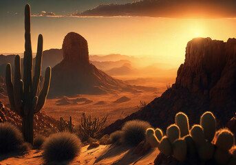 sunset over desert landscape with canyon and cactus trees relistic illustration