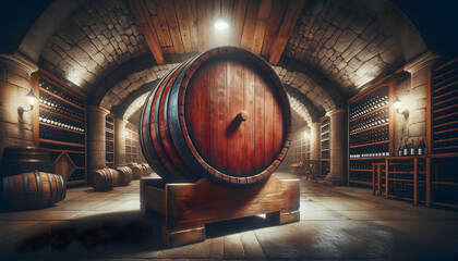 a red wine barrel set in a wine cellar, which also functions as a pub or bar for beer storage. The barrel is robust and aged - obrazy, fototapety, plakaty