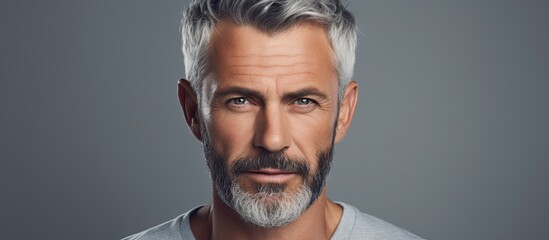 A bearded man wearing a gray shirt is gazing directly at the camera with a serious expression - obrazy, fototapety, plakaty