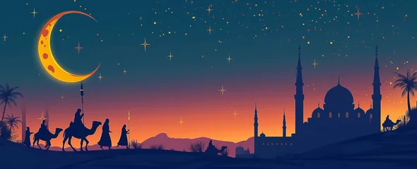 Keuken spatwand met foto A mosque silhouette in the background, people on camels under one moon, a night sky with stars © khozainuz