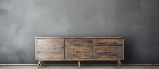 An image featuring a wooden dresser positioned against a neutral gray wall with a wooden floor, creating a simple and elegant interior setup - obrazy, fototapety, plakaty