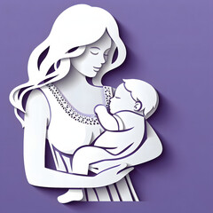 Fototapeta premium Mother with baby, paper cut illustration, isolated on purple background, Mother's Day, Mother Love Child 