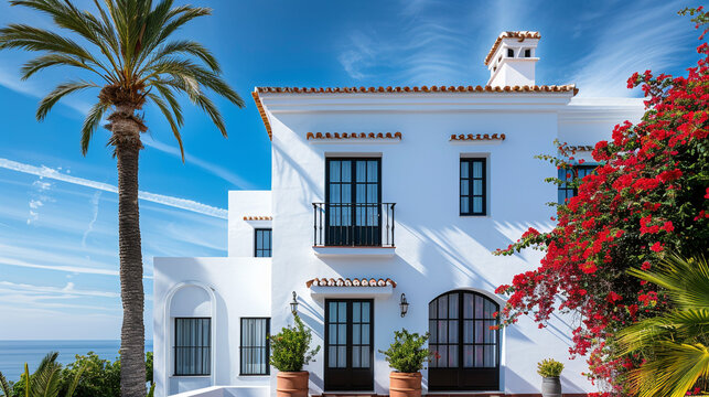 luxury hotel in the region, exterior design of a modern spanish white house High detailed and high resolution smooth and high quality photo professional photography.