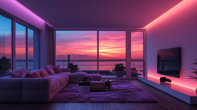 Home cinema, living room with colored LED lighting - Smart home. Big Tv In A Living Room. Elegant living room with big tv screen. Colored LED lit living room with home theater.