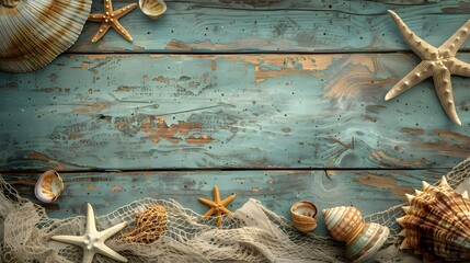 Beach accessories on blue vintage wooden backgrounds  - obrazy, fototapety, plakaty