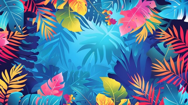 Colorful background with tropical leaves, summer concept, background, illustrations