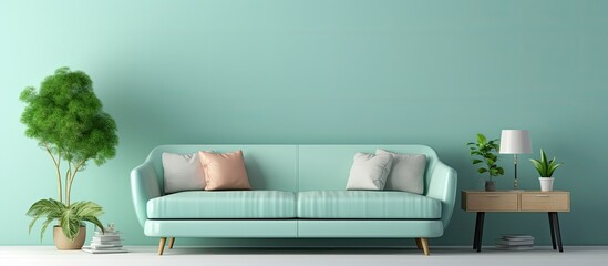 Obraz premium A green couch and a table are placed in a room, accompanied by a plant adding a touch of nature to the decor