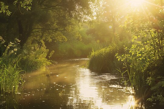 A serene wallpaper design featuring a peaceful river scene at golden hour, with sunlight dancing on the water's surface, Generative AI