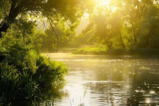 A serene wallpaper design featuring a peaceful river scene at golden hour, with sunlight dancing on the water's surface, Generative AI