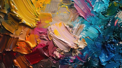 This vibrant image showcases the rich, textured strokes of oil paints in a vivid array of colors,...