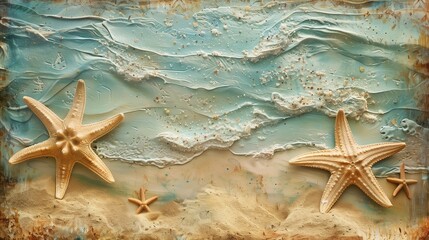 Create an enchanting image featuring starfish on the sandy shore, surrounded by the beauty of the sea. 
