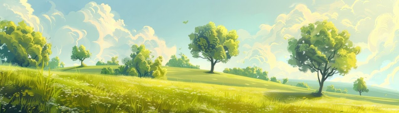 Sunny summer landscape with trees.