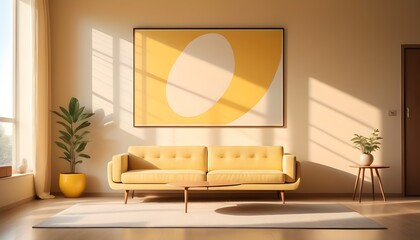 Minimalist, retro, contemporary composition of living room with picture frame. yellow tone. 