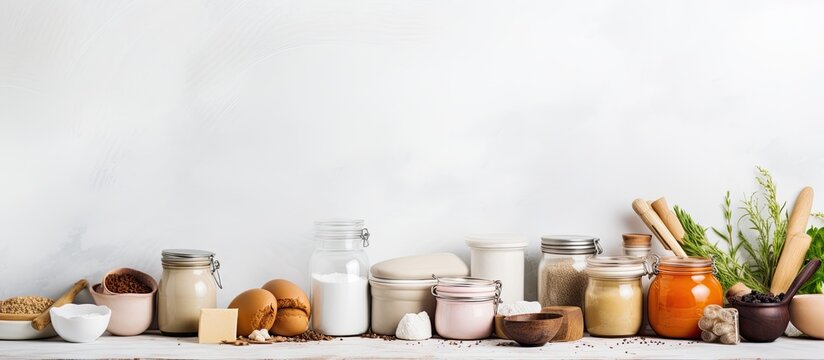 There are various types of food stored in glass jars neatly arranged on a wooden table