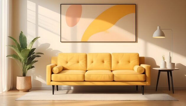 Minimalist, retro, contemporary composition of living room with picture frame. yellow tone. 