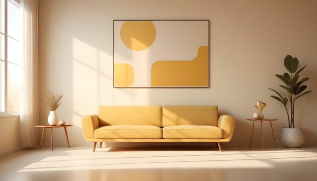 Minimalist, retro, contemporary composition of living room with picture frame. yellow tone. 