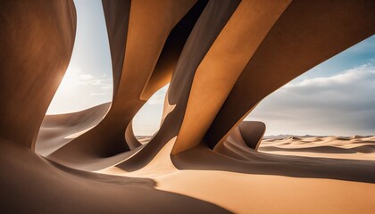 sand dune with a unique, almost architectural, formation. The dune appears to be made of several curved sand pieces that seem to be suspended in the air. - obrazy, fototapety, plakaty