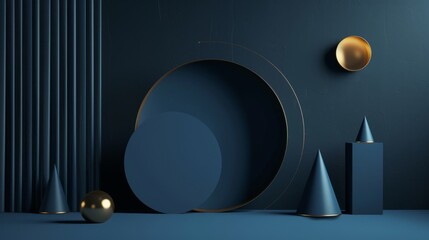 3d podium blue background and geometric sharp curtain with spotlight luxury